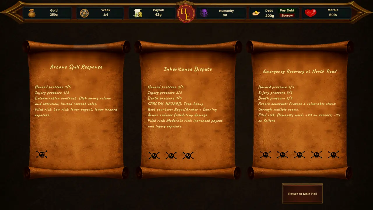 Contract selection screen showing three parchment contract offers