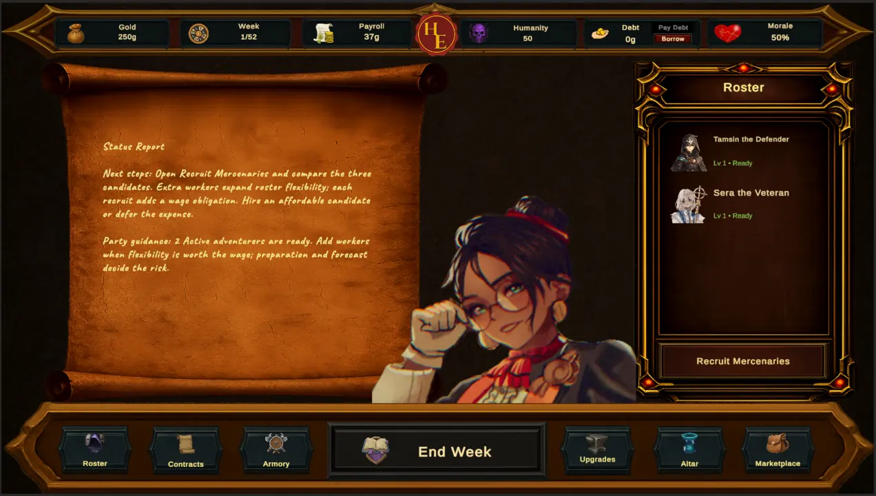 Guild hall with roster report and weekly management controls