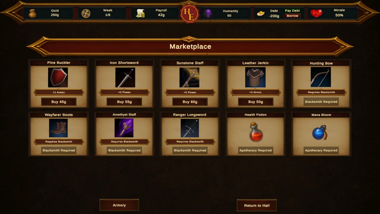 Marketplace screen with weapons, armor, and potions