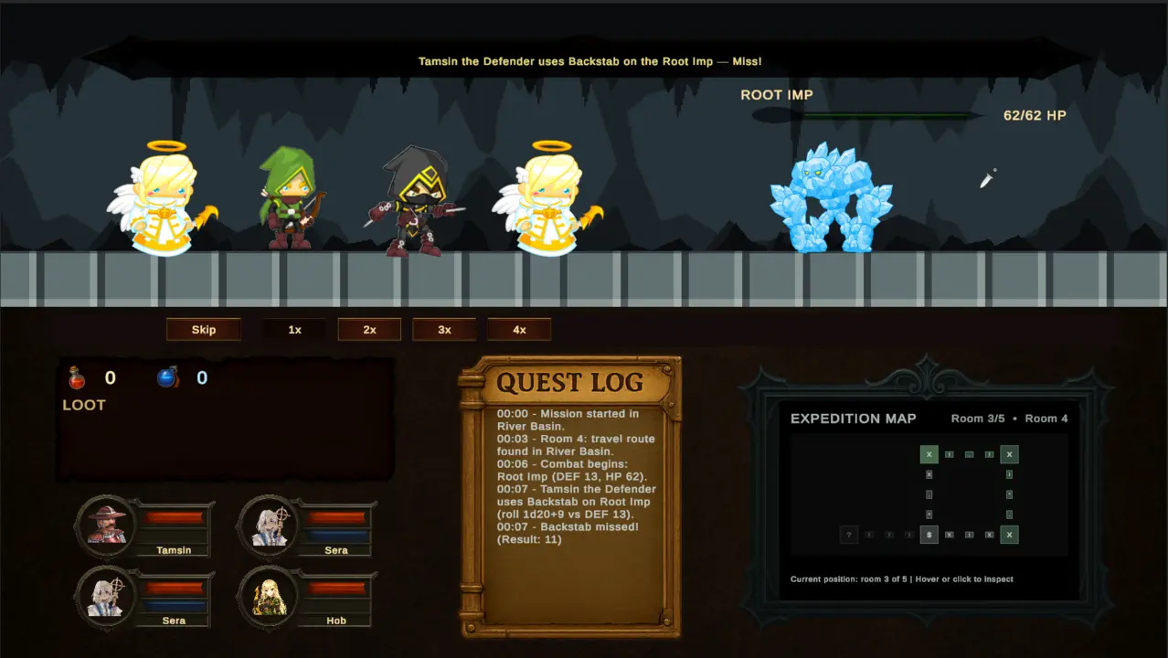Automated expedition battle against a root imp