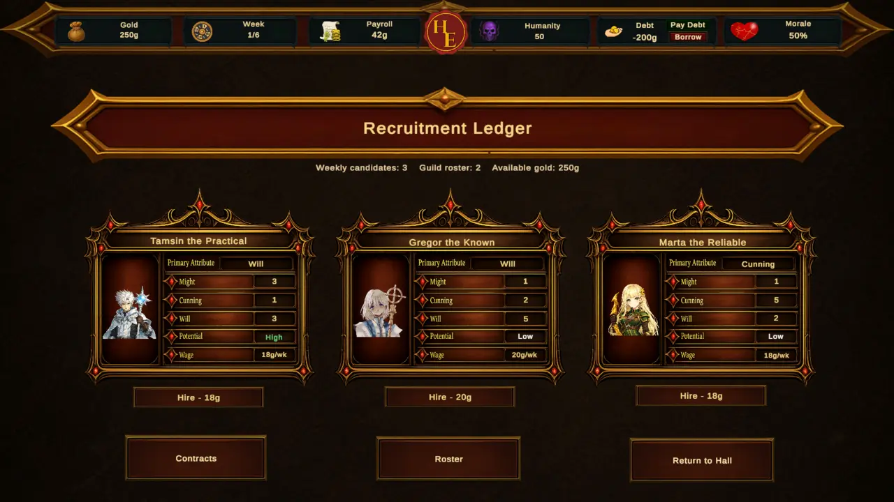 Recruitment ledger showing three adventurer candidates
