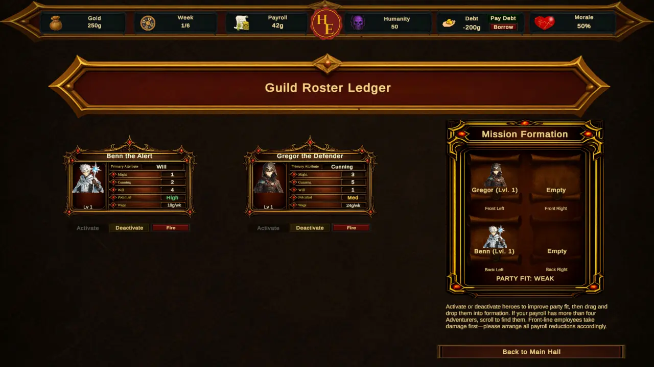 Guild roster ledger and mission formation screen